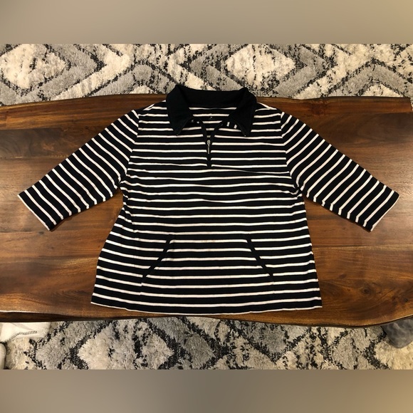 Karen Scott Sport 3/4 sleeve 1/4 zip striped pullover w/front pouch pocket B&W - Picture 3 of 9